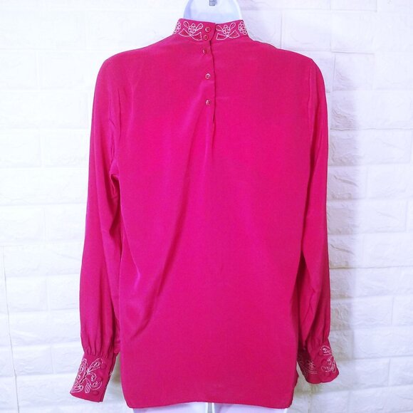 Vintage 80s Gailord High-Neck Pleated Blouse Top (8) Embroidered Metallic Cuffs - Picture 8 of 10